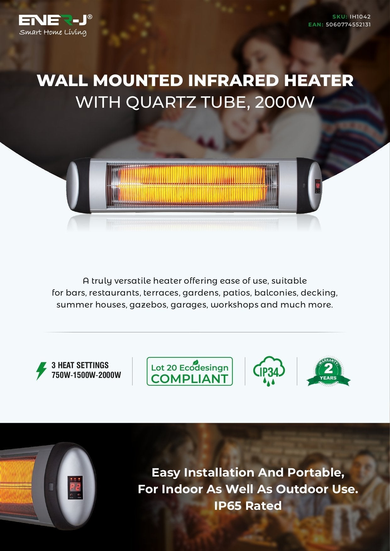 2000W IP34 Wall mounted Patio Heater with Quartz Tube with LED