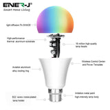 Smart WiFi GLS RGB+W+WW 9W LED Bulb B22 base, compatible with Alexa and Google Home - ENER-J Smart Home